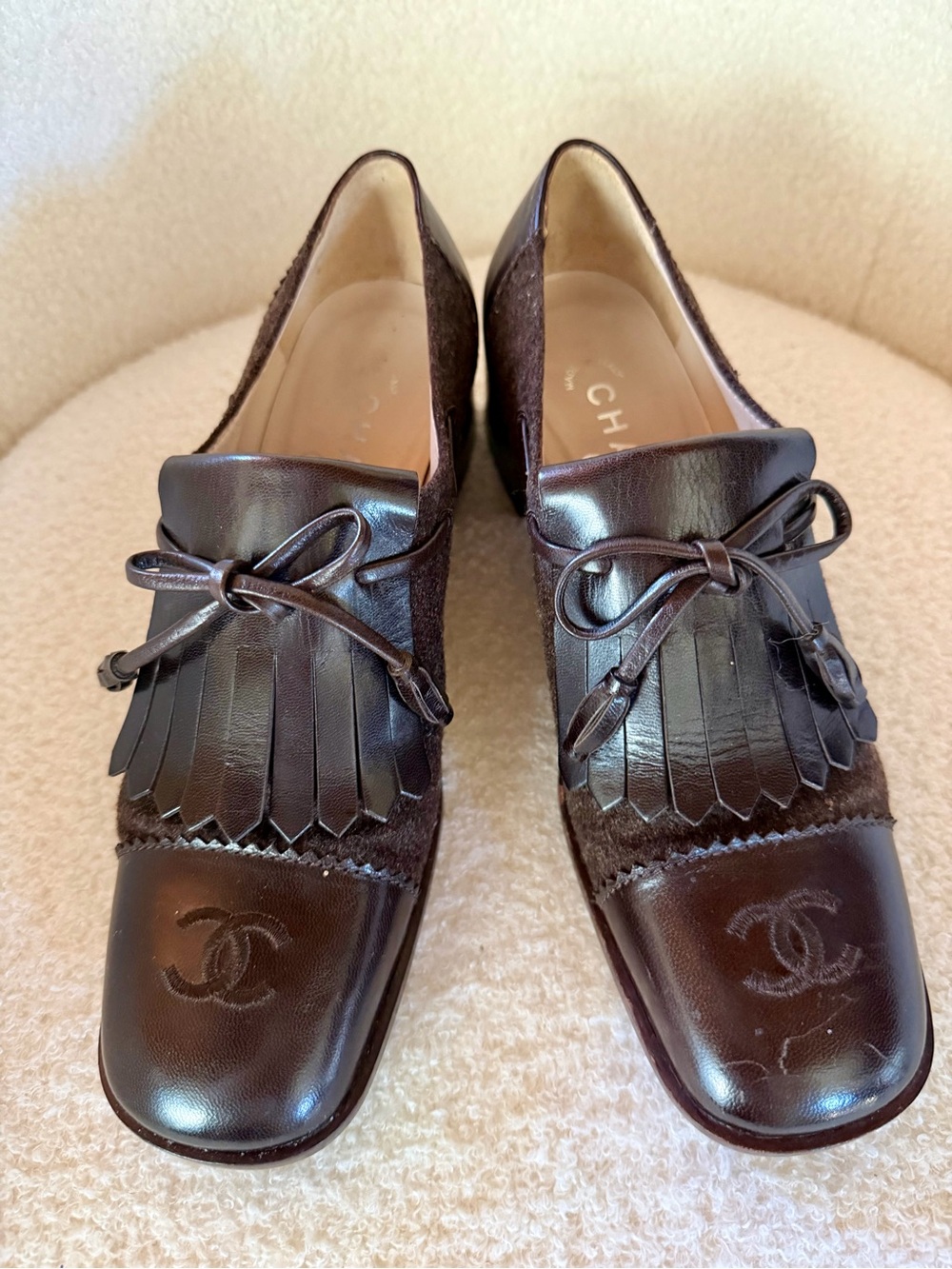 CHANEL Dark Brown Leather & Suede Kiltie Loafers with Bow